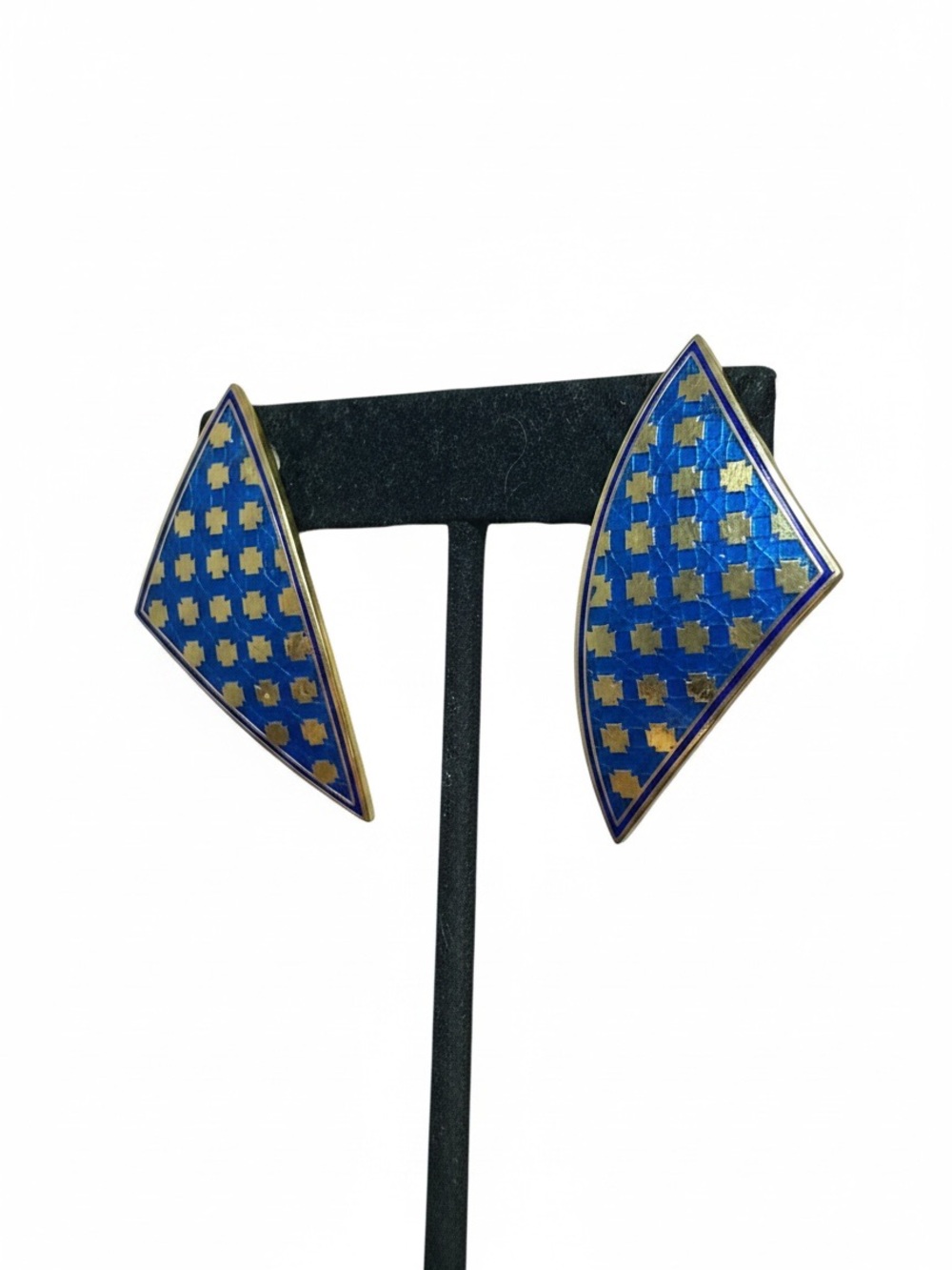 Vintage Nuri Blue Enamel Geometric Gold Tone Statement Post Earrings